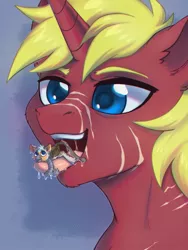 Size: 774x1032 | Tagged: suggestive, artist:lightning-stars, derpibooru import, oc, oc:steel prism, oc:thumbtack, gryphon, pony, unicorn, commission, drool, drool string, gullet, macro, macro/micro, maw, open mouth, saliva puddle, salivating, slimy, taste buds, teeth, tiny, tongue matress, tongue out, vore