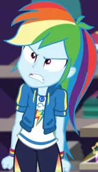 Size: 512x895 | Tagged: safe, derpibooru import, screencap, rainbow dash, equestria girls, equestria girls series, holidays unwrapped, spoiler:eqg series (season 2), angry, canterlot mall, clothes, cloud, cropped, cute, dashabetes, dashing through the mall, female, fist, hoodie, jacket, jewelry, merchandise, necklace, pants, pockets, rainbow, shirt, short sleeves, solo, store, t-shirt, talking, thunderbolt, unamused, wristband