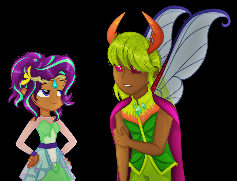 Size: 2340x1792 | Tagged: safe, artist:emmakkkkk, artist:katnekobase, derpibooru import, starlight glimmer, thorax, changedling, changeling, equestria girls, base used, belt, black background, clothes, dark skin, dress, duo, equestria girls-ified, female, human coloration, king thorax, lip bite, male, pants, robe, shirt, simple background, skirt, smiling, smirk, wings