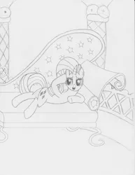 Size: 2550x3300 | Tagged: safe, artist:victoriathedragoness, derpibooru import, rarity, spike, pony, unicorn, butt, carousel boutique, chaise, fainting couch, female, hoof on cheek, implied spike, laying on stomach, lineart, lying down, male, mare, monochrome, offscreen character, presenting, raised arm, rearity, sexy, shipping, smiling, solo, sparity, spread legs, spreading, straight, sultry, sultry pose