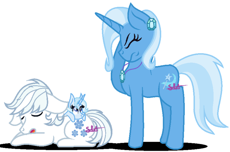 Size: 839x554 | Tagged: safe, artist:cloefo05, derpibooru import, double diamond, trixie, oc, pony, unicorn, doubletrix, ear piercing, earring, facehoof, family, female, filly, jewelry, male, mare, necklace, offspring, parent:double diamond, parent:trixie, parents:doubletrix, piercing, shipping, simple background, sleeping, stallion, straight, white background