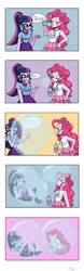 Size: 1080x3460 | Tagged: safe, artist:artsypuppet, derpibooru import, pinkie pie, sci-twi, twilight sparkle, equestria girls, blowing bubbles, bubble, bubble solution, comic, eyes closed, facepalm, female, floating, grin, in bubble, pinkie being pinkie, requested art, smiling, soap bubble, trapped, twilight is not amused, unamused