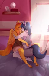 Size: 1500x2314 | Tagged: safe, artist:walllie, derpibooru import, oc, oc:firetale, oc:mirror image, unofficial characters only, anthro, pegasus, unicorn, bed, couple, cuddling, female, horn, mare, smiling, window, wings