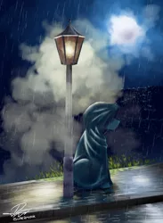 Size: 3300x4500 | Tagged: safe, artist:supermoix, derpibooru import, oc, oc:supermoix, pegasus, pony, cloak, clothes, dripping, fog, hood, lamppost, moon, night, rain, solo