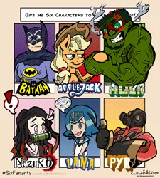 Size: 3150x3500 | Tagged: safe, artist:coremindsartist, derpibooru import, applejack, earth pony, human, pony, six fanarts, arm wrestling, batman, bit gag, clothes, costume, cross-popping veins, crossover, dc comics, demon slayer, exclamation point, female, gag, gas mask, hat, lana, male, mare, marvel comics, mask, nezuko kamado, pokémon, pyro, smiling, team fortress 2, the incredible hulk, thumbs up