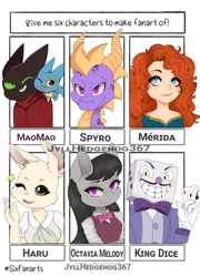 Size: 920x1278 | Tagged: safe, artist:jyllhedgehog367, derpibooru import, octavia melody, anthro, dragon, earth pony, human, rabbit, six fanarts, adorabat, animal, brave (movie), bust, card, clothes, crossover, cuphead, facial hair, female, haru, king dice, male, mao mao, mao mao: heroes of pure heart, merida, moustache, spyro the dragon