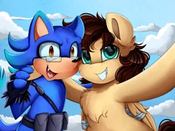 Size: 2379x1783 | Tagged: safe, artist:pridark, derpibooru import, oc, ponified, hedgehog, pegasus, pony, bust, chest fluff, commission, fangs, glasses, looking at you, open mouth, portrait, smiling, sonic the hedgehog (series), waving