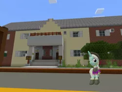 Size: 2048x1536 | Tagged: safe, artist:topsangtheman, derpibooru import, cornetta, pony, unicorn, 3d, clothes, hat, house, looking at you, minecraft, photoshopped into minecraft, solo, source filmmaker, uniform