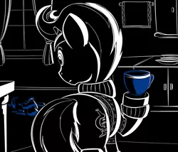 Size: 700x600 | Tagged: safe, artist:sirvalter, derpibooru import, oc, oc:scoperage, unofficial characters only, pony, unicorn, fanfic, fanfic:steyblridge chronicle, apartment complex, black and white, clothes, cup, fanfic art, grayscale, horn, illustration, kitchen, male, monochrome, neo noir, partial color, research institute, scientist, solo, stallion, teacup