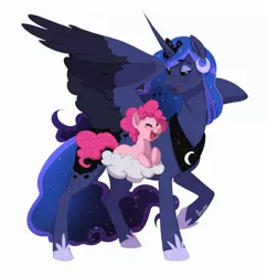 Size: 2480x2562 | Tagged: safe, artist:maxiima, derpibooru import, pinkie pie, princess luna, alicorn, earth pony, pony, fanfic:the enchanted kingdom, fanfic:the enchanted library, cloud, commission, fanfic art, female, filly, filly pinkie pie, jewelry, music notes, regalia, simple background, singing, white background, younger