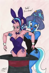 Size: 1992x2971 | Tagged: suggestive, artist:newyorkx3, derpibooru import, starlight glimmer, trixie, anthro, pony, unicorn, bowtie, breasts, bunny ears, bunny out of the hat, bunny suit, busty starlight glimmer, busty trixie, cleavage, clothes, cuffs (clothes), dialogue, duo, female, hat, holding a pony, leotard, magic show, magic trick, starlight is not amused, top hat, traditional art, trixie's hat, trixie's puppeteering, unamused