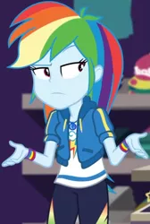 Size: 643x955 | Tagged: safe, derpibooru import, screencap, rainbow dash, equestria girls, equestria girls series, holidays unwrapped, spoiler:eqg series (season 2), canterlot mall, cap, clothes, cloud, cropped, dashing through the mall, female, geode of super speed, hat, hoodie, jacket, jewelry, lidded eyes, magical geodes, merchandise, necklace, pants, pockets, rainbow, raised eyebrow, shirt, short sleeves, solo, store, t-shirt, thunderbolt, unamused, wristband