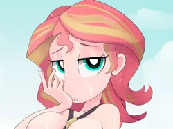 Size: 1221x914 | Tagged: suggestive, artist:ohiekhe, derpibooru import, sunset shimmer, human, equestria girls, blushing, breasts, bukkake, busty sunset shimmer, cropped porn, cum, human coloration, humanized, lidded eyes, looking at you