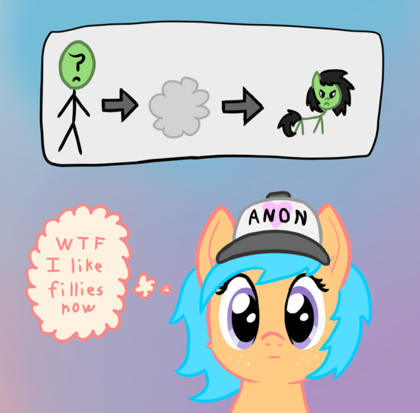 Size: 908x892 | Tagged: safe, artist:craftycirclepony, derpibooru import, oc, oc:anon, oc:anonfilly, oc:little league, unofficial characters only, earth pony, human, pony, :|, angry, arrow, baseball cap, blank stare, bust, cap, cheek fluff, duo, ear fluff, female, filly, freckles, frown, gradient background, hat, heart, looking at you, male, poof, thought bubble, transformation, wtf