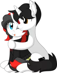 Size: 5707x7333 | Tagged: safe, artist:cyanlightning, derpibooru import, oc, oc:starforce fireline, oc:steel, unofficial characters only, pony, unicorn, .svg available, absurd resolution, clothes, duo, female, hoodie, hug, hug from behind, looking at each other, male, mare, one eye closed, shipping, simple background, sitting, stallion, straight, tongue out, transparent background, vector, wink