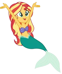 Size: 824x970 | Tagged: safe, artist:emeraldblast63, derpibooru import, sunset shimmer, mermaid, equestria girls, ariel, armpits, bare shoulders, disney, mermaidized, seashell bra, simple background, sleeveless, solo, species swap, strapless, the little mermaid, transparent background