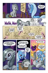 Size: 1258x1904 | Tagged: safe, artist:pencils, derpibooru import, limestone pie, marble pie, trixie, earth pony, pony, unicorn, comic:marble mare manquee, :t, bad touch, boop, butt, clothes, comic, dialogue, dock, dress, dressing, eye contact, featureless crotch, female, fishnets, frog (hoof), frown, glare, glowing horn, grin, horn, levitation, lewd, lidded eyes, looking at each other, magic, magic wand, mare, non-consensual dressing, on back, open mouth, pain star, personal space invasion, plot, raised eyebrow, raised hoof, scrunchy face, smiling, smirk, speech bubble, telekinesis, text, underhoof, we don't normally wear clothes, wide eyes, worried
