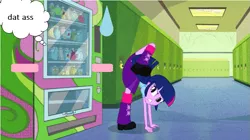 Size: 697x389 | Tagged: suggestive, derpibooru import, edit, edited screencap, screencap, twilight sparkle, equestria girls, equestria girls (movie), blush sticker, blushing, butt, caption, humans doing horse things, image macro, needs more jpeg, solo, sweat, sweatdrop, text, the ass was fat, twibutt, vending machine