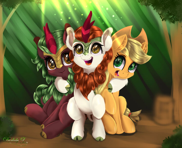 Size: 3993x3250 | Tagged: safe, artist:darksly, derpibooru import, applejack, autumn blaze, cinder glow, summer flare, earth pony, kirin, pony, awwtumn blaze, cinderbetes, cowboy hat, crepuscular rays, cute, digital art, female, hat, jackabetes, mare, sitting, smiling, stetson, trio