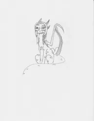 Size: 2550x3300 | Tagged: artist:victoriathedragoness, braid, derpibooru import, dragon, dragoness, female, monochrome, oc, oc:victoria, raised eyebrow, safe, sitting, smiling, solo, transparent wings, wings