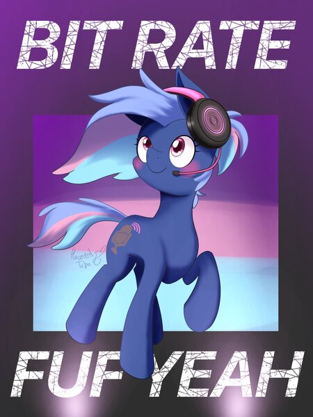 Size: 1536x2048 | Tagged: safe, artist:psaxophone, derpibooru import, oc, oc:bit rate, unofficial characters only, earth pony, pony, fuf, headphones, solo, text