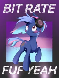 Size: 1536x2048 | Tagged: safe, artist:psaxophone, derpibooru import, oc, oc:bit rate, unofficial characters only, earth pony, pony, fuf, headphones, solo, text