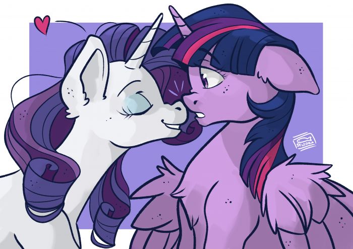 Size: 700x494 | Tagged: safe, artist:seledka, deleted from derpibooru, derpibooru import, rarity, twilight sparkle, twilight sparkle (alicorn), alicorn, pony, unicorn, boop, chest fluff, female, lesbian, rarilight, romantic, shipping