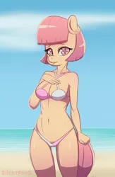 Size: 638x978 | Tagged: suggestive, artist:gear-zs, derpibooru import, oc, oc:clover, unofficial characters only, anthro, earth pony, beach, belly button, bikini, breasts, cameltoe, cleavage, clothes, female, looking at you, ocean, solo, solo female, swimsuit, water