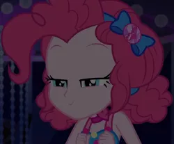 Size: 1305x1080 | Tagged: safe, derpibooru import, screencap, pinkie pie, equestria girls, equestria girls series, spring breakdown, bow, choker, clothes, cropped, cruise outfit, curly hair, cute, dark, dark background, devious, diapinkes, female, geode of sugar bombs, hair bow, heart, jewelry, lidded eyes, magical geodes, scheming, sleeveless, smiling, solo, spring break, yacht