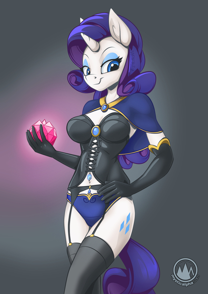 Size: 955x1351 | Tagged: suggestive, artist:mysticalpha, derpibooru import, rarity, anthro, unicorn, blue underwear, breasts, clothes, corset, evening gloves, female, garter belt, gem, gloves, hand on hip, long gloves, looking at you, panties, raripanty, socks, solo, solo female, stockings, thigh highs, underwear