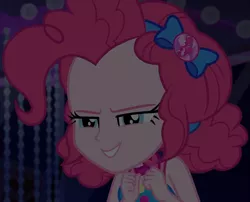 Size: 1335x1080 | Tagged: safe, derpibooru import, screencap, pinkie pie, equestria girls, equestria girls series, spring breakdown, bow, choker, clothes, cropped, cruise, cruise outfit, cruise ship, curly hair, cute, dark, dark background, devious, devious smile, diapinkes, female, geode of sugar bombs, hair bow, heart, jewelry, lidded eyes, magical geodes, scheming, sleeveless, smiling, solo, spring break, talking, yacht