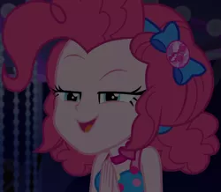 Size: 1236x1080 | Tagged: safe, derpibooru import, screencap, pinkie pie, equestria girls, equestria girls series, spring breakdown, bow, choker, clothes, cropped, cruise, cruise ship, curly hair, cute, dark, dark background, devious, devious smile, diapinkes, female, geode of sugar bombs, hair bow, heart, jewelry, magical geodes, raised eyebrow, scheming, sleeveless, smiling, solo, spring break, talking, yacht