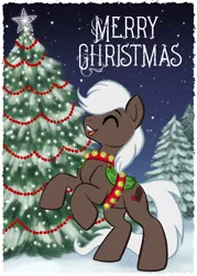 Size: 914x1280 | Tagged: safe, artist:kabukihomewood, derpibooru import, oc, oc:cordial, unofficial characters only, earth pony, pony, bells, christmas, christmas star, christmas tree, commission, eyes closed, happy, harness, holiday, jingle bells, male, merry christmas, night, open mouth, rearing, saddle, smiling, snow, snowfall, solo, stallion, tack, tree