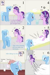 Size: 2000x3000 | Tagged: safe, artist:lzh, derpibooru import, starlight glimmer, trixie, twilight sparkle, pony, unicorn, bed, comic, cup, excited, female, headache, laxative, misspelling, old master q, pill, sleeping pill, table, toilet