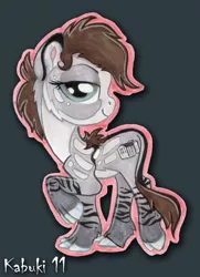 Size: 531x735 | Tagged: safe, artist:kabukihomewood, derpibooru import, oc, oc:ellie, ponified, unofficial characters only, pony, badge, claws, con badge, female, gray background, lidded eyes, looking at you, mare, mesohippus, prehistoric, raised hoof, simple background, smiling, solo, traditional art