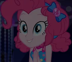 Size: 1261x1080 | Tagged: safe, derpibooru import, screencap, pinkie pie, equestria girls, equestria girls series, spring breakdown, bow, choker, clothes, cropped, cruise, cruise outfit, cruise ship, curly hair, cute, dark, dark background, devious, devious smile, diapinkes, female, geode of sugar bombs, hair bow, hands together, heart, jewelry, magical geodes, raised eyebrows, scheming, sleeveless, smiling, solo, spring break, talking, yacht