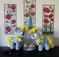 Size: 1280x1238 | Tagged: safe, artist:purplenebulastudios, derpibooru import, derpy hooves, pony, duality, female, filly, filly derpy, food, irl, muffin, photo, plushie, self ponidox, younger