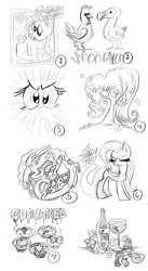 Size: 548x1000 | Tagged: safe, artist:kabukihomewood, derpibooru import, derpy hooves, discord, fluttershy, princess celestia, scootaloo, alicorn, bird, butterfly, chicken, draconequus, pegasus, pony, fanfic:cupcakes, alcohol, cupcake, cutie mark, dodo, eyes closed, food, glass, grayscale, hoof hold, implied applejack, implied berry punch, implied pinkamena, implied pinkie pie, implied rainbow dash, implied rarity, implied twilight sparkle, looking at you, monochrome, muffin, onomatopoeia, open mouth, scootachicken, smiling, stamp, stare, t shirt design, the stare, tree, vine, wine, wine bottle, wine glass, wip, yin-yang