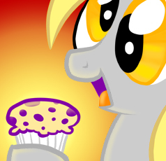 Size: 238x230 | Tagged: safe, artist:kabukihomewood, derpibooru import, derpy hooves, pegasus, pony, bust, female, food, gradient background, hoof hold, mare, muffin, open mouth, portrait, preview, smiling, solo, t shirt design, that pony sure does love muffins