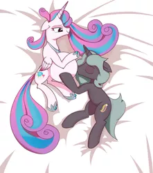 Size: 1620x1829 | Tagged: safe, artist:rafhedecat, derpibooru import, princess flurry heart, oc, oc:shimmering glow, adult, adult flurry heart, bed, canon x oc, couple, duo, eyes closed, female, husband and wife, kissing, kiss on the belly, laying on bed, male, married couple, offspring, offspring shipping, older, older flurry heart, on bed, parent:king sombra, parent:radiant hope, parents:hopebra, pregnant, shipping, straight