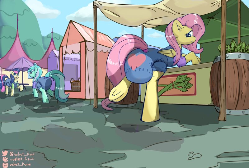 Size: 4096x2772 | Tagged: questionable, artist:velvet frame, derpibooru import, bon bon, fluttershy, lyra heartstrings, sweetie drops, earth pony, pegasus, pony, unicorn, clothes, diaper, diaper fetish, fetish, heart, messy diaper, overalls, poofy diaper, poop, poopy diaper