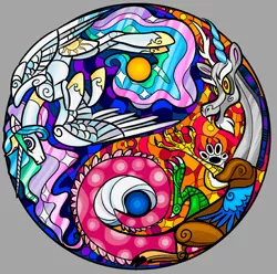 Size: 600x594 | Tagged: safe, artist:kabukihomewood, derpibooru import, discord, princess celestia, alicorn, draconequus, pony, duo, female, looking at you, mare, open mouth, smiling, stained glass, sun, t shirt design, yin-yang