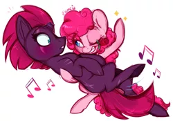 Size: 737x516 | Tagged: safe, artist:esmeia, derpibooru import, fizzlepop berrytwist, pinkie pie, tempest shadow, earth pony, pony, unicorn, blushing, broken horn, dancing, eye contact, eye scar, female, flower, flower in mouth, horn, lesbian, looking at each other, mare, mouth hold, music notes, one eye closed, rose, rose in mouth, scar, shipping, simple background, sparkles, tango, tempestpie, white background, wink