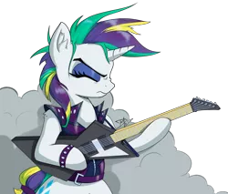 Size: 2652x2262 | Tagged: safe, artist:danli69, derpibooru import, rarity, pony, unicorn, it isn't the mane thing about you, bracelet, dyed mane, female, guitar, jewelry, makeup, mare, musical instrument, punk, simple background, smoke, smoke bomb, solo, transparent background