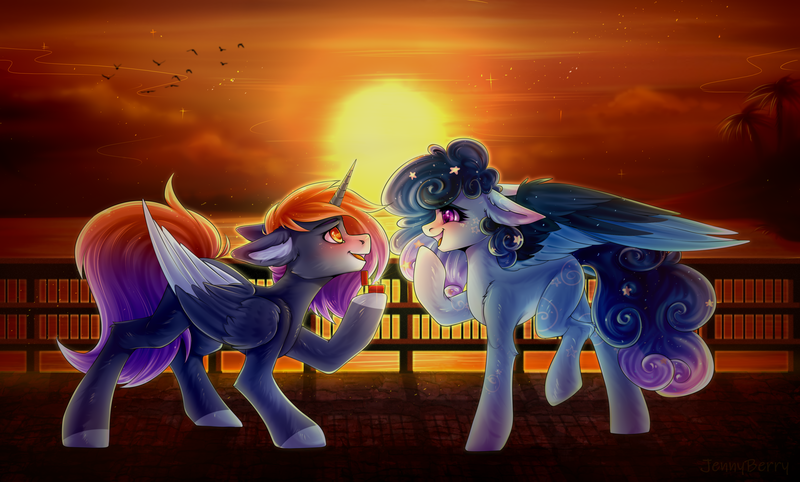 Size: 3507x2111 | Tagged: safe, artist:jennyberry, derpibooru import, oc, oc:stellar constellation, oc:sunset winds, alicorn, pegasus, pony, alicorn oc, blushing, ear fluff, ethereal mane, female, gradient mane, horn, jewelry, male, mare, marriage proposal, ocean, palm tree, pegasus oc, ring, stallion, starry mane, sunset, tree, two toned wings, wedding ring, wings