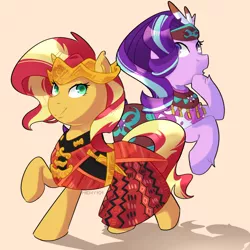 Size: 1400x1400 | Tagged: safe, artist:mewy101, derpibooru import, starlight glimmer, sunset shimmer, pony, unicorn, clothes, duo, female, indonesia, mare