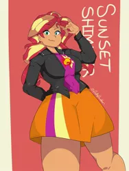 Size: 1536x2048 | Tagged: safe, artist:darkdoubloon, derpibooru import, sunset shimmer, human, equestria girls, breasts, busty sunset shimmer, clothes, female, human coloration, humanized, jacket, looking at you, skirt, solo