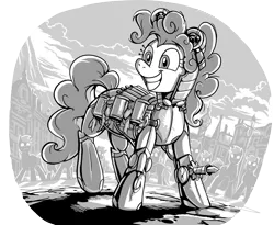 Size: 1788x1468 | Tagged: safe, artist:jowybean, derpibooru import, pinkie pie, earth pony, pony, fanfic:the immortal game, armor, fanfic art, female, grayscale, mare, monochrome, smiling, solo focus