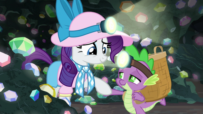 Size: 1920x1080 | Tagged: safe, derpibooru import, screencap, rarity, spike, dragon, pony, unicorn, dragon dropped, basket, female, gem, gem cave, headlamp, helmet, mare, mining helmet, winged spike