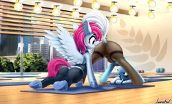 Size: 4110x2500 | Tagged: suggestive, artist:lunebat, derpibooru import, oc, oc:eula phi, oc:evening skies, unofficial characters only, pegasus, pony, unicorn, butt, clothes, dock, downward dog, ear fluff, eyes on the prize, face down ass up, female, females only, looking back, looking between legs, mare, pants, plot, sports bra, tongue out, yoga, yoga pants